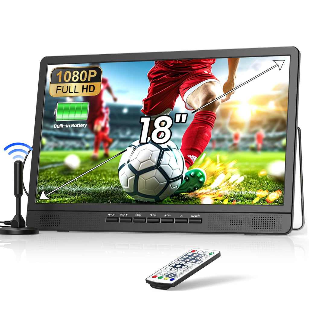 Desobry 18.1" Portable TV for Camping 6000mAh Battery TV Portable for Power Outages 180° Adjustable Stand 1080P HDMI Input AV Input USB 12v TV for Car Small TV for Kitchen Camping Patio RV